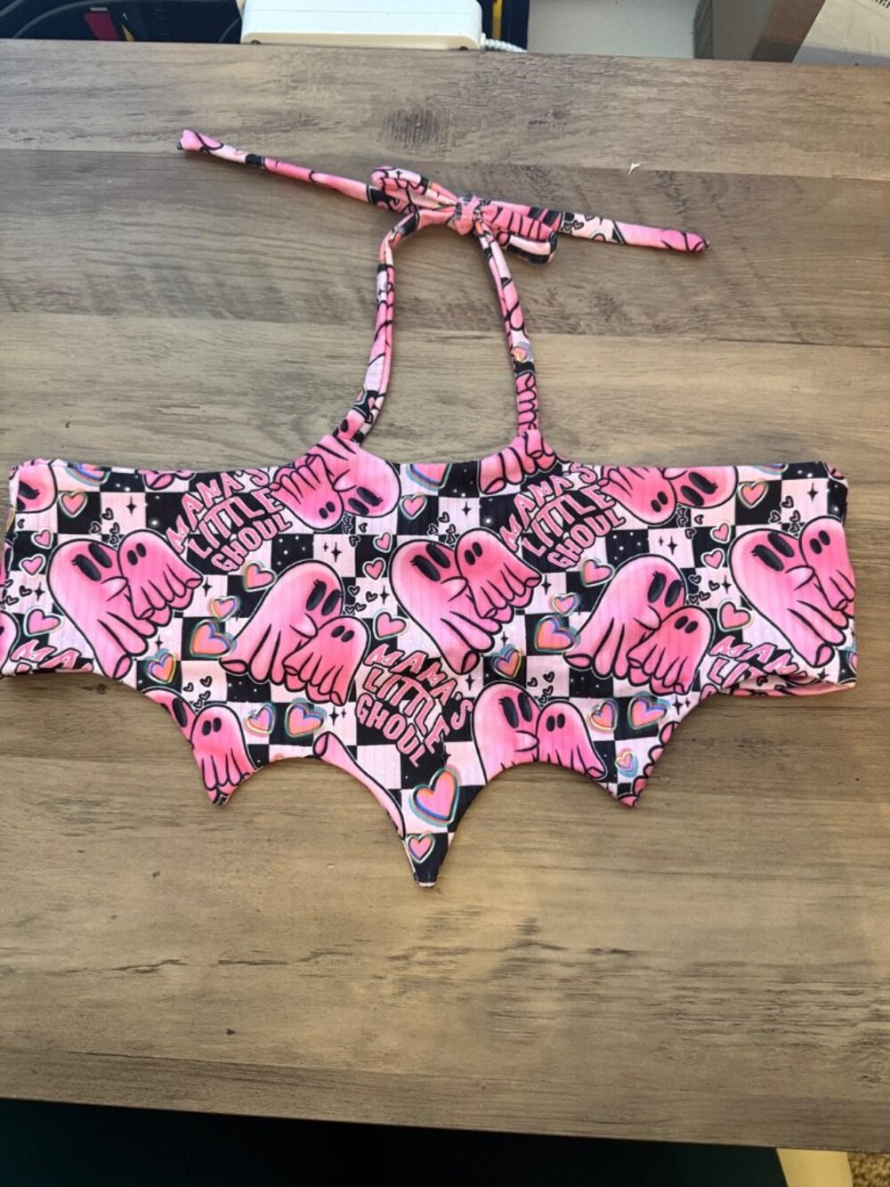 Mama's Little Ghoul Pink Black Ghost Checkered Bat Hem Halter Crop Top